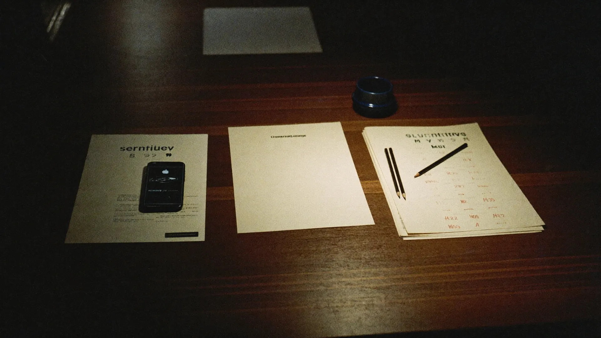 Research desk: printouts, phone, pencils under a cream light.
